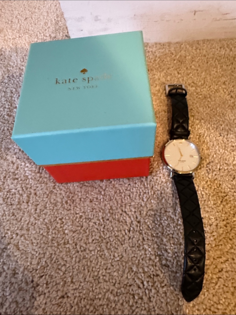 kate spade Quilted Black Leather Strap Watch with White Dial